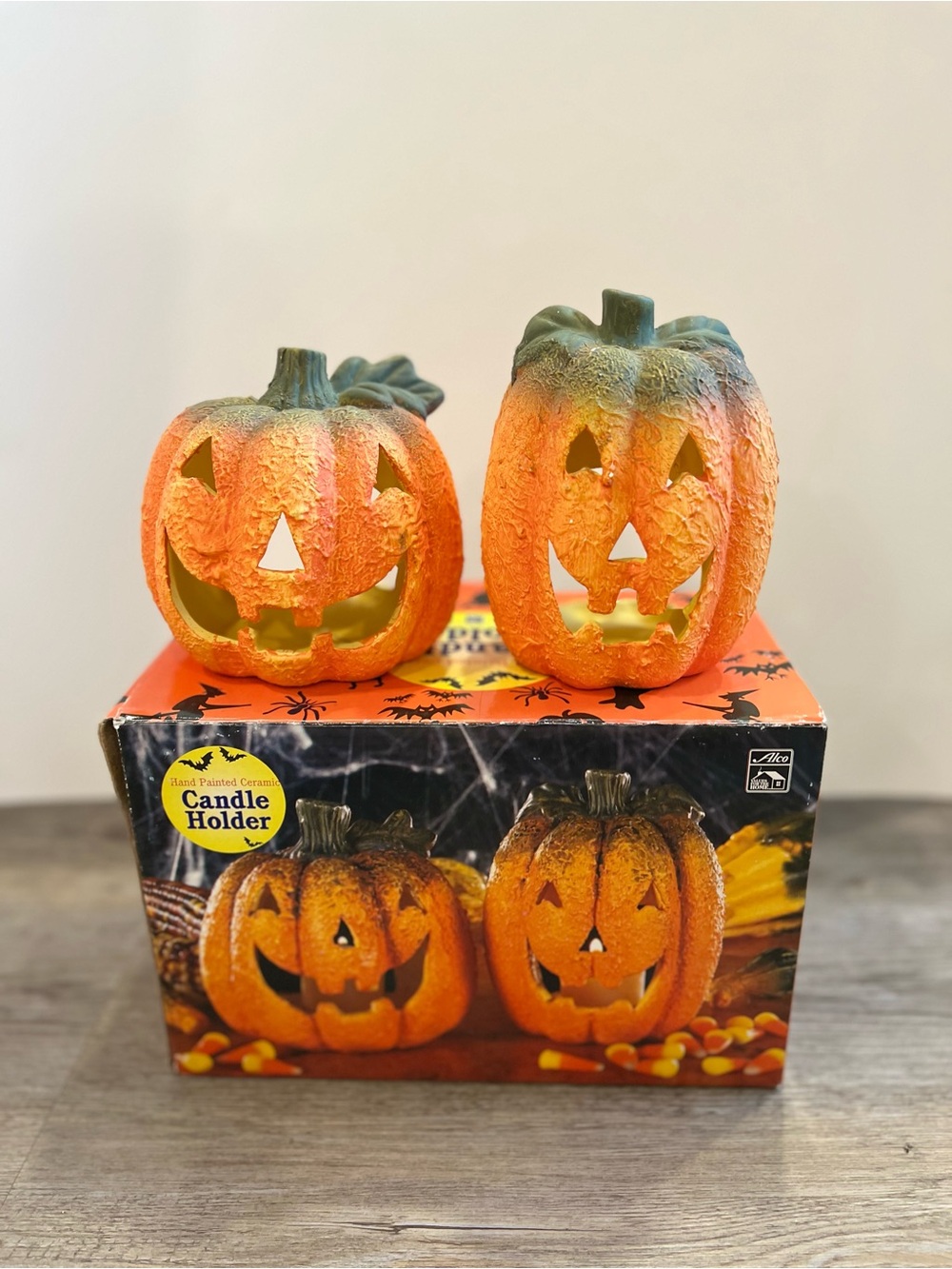 Alco hand-painted ceramic Jack-o'-lantern candle holders Set Of 2 Halloween